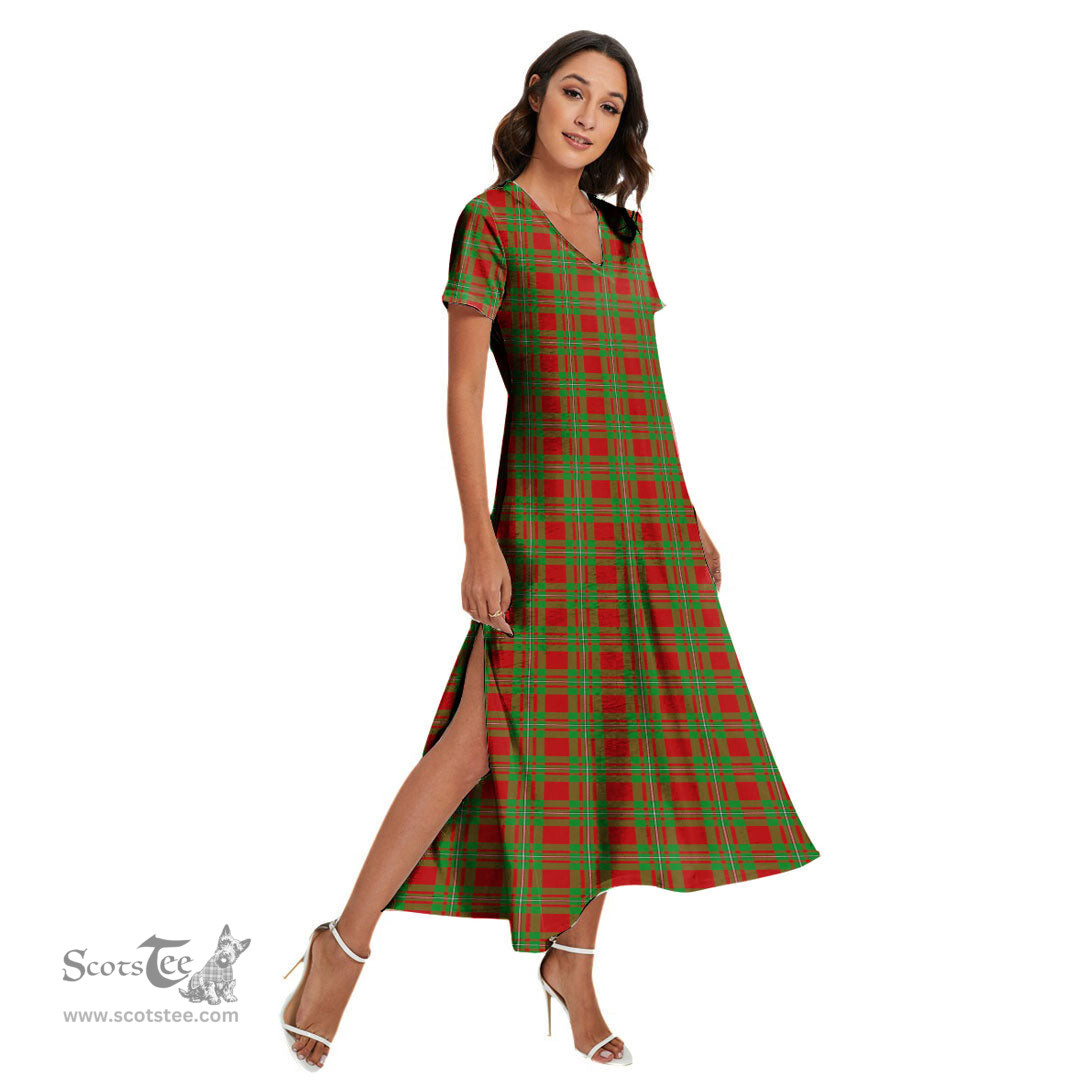 ScotsTee Shop Scottish MacGregor Modern Clan Tartan Womens Fitted V-neck Side Slit Maxi Dress