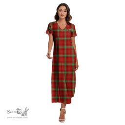 ScotsTee Shop Scottish Morrison Red Modern Clan Crest Tartan Womens Fitted V-neck Side Slit Maxi Dress