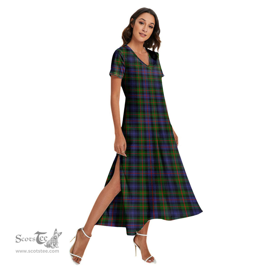 ScotsTee Shop Scottish Murray of Atholl Modern Clan Tartan Womens Fitted V-neck Side Slit Maxi Dress