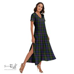 ScotsTee Shop Scottish Murray of Atholl Modern Clan Tartan Womens Fitted V-neck Side Slit Maxi Dress