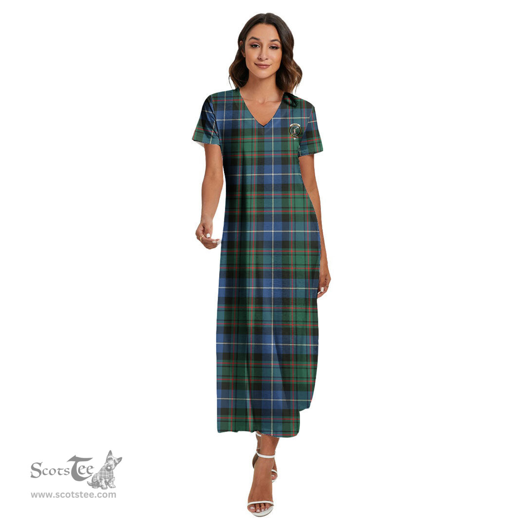 ScotsTee Shop Scottish MacRae Hunting Ancient Clan Crest Tartan Womens Fitted V-neck Side Slit Maxi Dress
