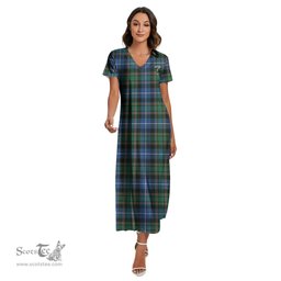 ScotsTee Shop Scottish MacRae Hunting Ancient Clan Crest Tartan Womens Fitted V-neck Side Slit Maxi Dress