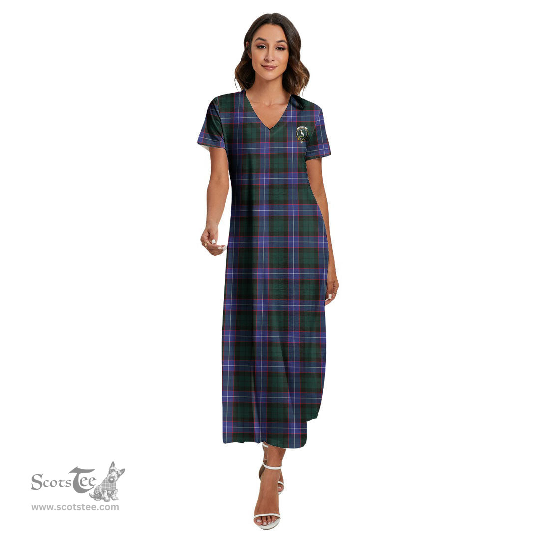 ScotsTee Shop Scottish Hunter Modern Clan Crest Tartan Womens Fitted V-neck Side Slit Maxi Dress