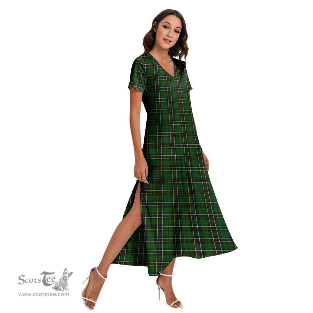 ScotsTee Shop Scottish MacAlpine Modern Clan Tartan Womens Fitted V-neck Side Slit Maxi Dress