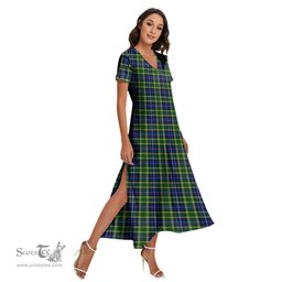 ScotsTee Shop Scottish MacKellar Clan Tartan Womens Fitted V-neck Side Slit Maxi Dress
