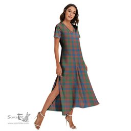 ScotsTee Shop Scottish MacIntyre Ancient Clan Tartan Womens Fitted V-neck Side Slit Maxi Dress