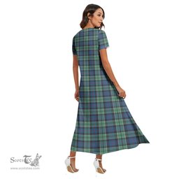 ScotsTee Shop Scottish Leslie Hunting Ancient Clan Tartan Womens Fitted V-neck Side Slit Maxi Dress