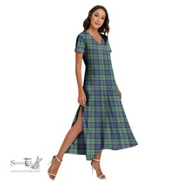 ScotsTee Shop Scottish Leslie Hunting Ancient Clan Tartan Womens Fitted V-neck Side Slit Maxi Dress