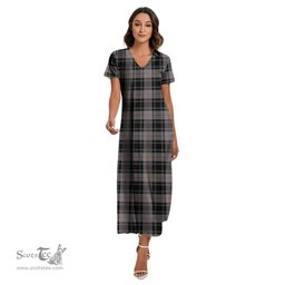 ScotsTee Shop Scottish Moffat Modern Clan Tartan Womens Fitted V-neck Side Slit Maxi Dress