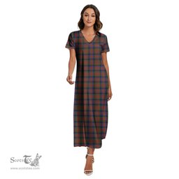 ScotsTee Shop Scottish MacDuff Hunting Modern Clan Tartan Womens Fitted V-neck Side Slit Maxi Dress