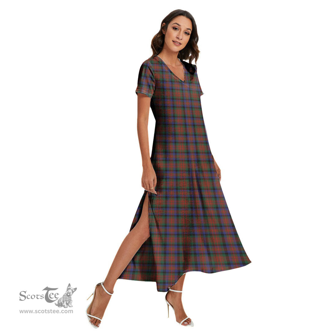 ScotsTee Shop Scottish MacDuff Hunting Modern Clan Tartan Womens Fitted V-neck Side Slit Maxi Dress
