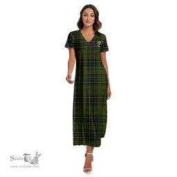 ScotsTee Shop Scottish MacLean Hunting Clan Crest Tartan Womens Fitted V-neck Side Slit Maxi Dress