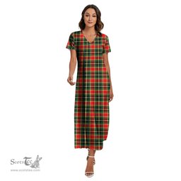 ScotsTee Shop Scottish MacLachlan Hunting Modern Clan Tartan Womens Fitted V-neck Side Slit Maxi Dress