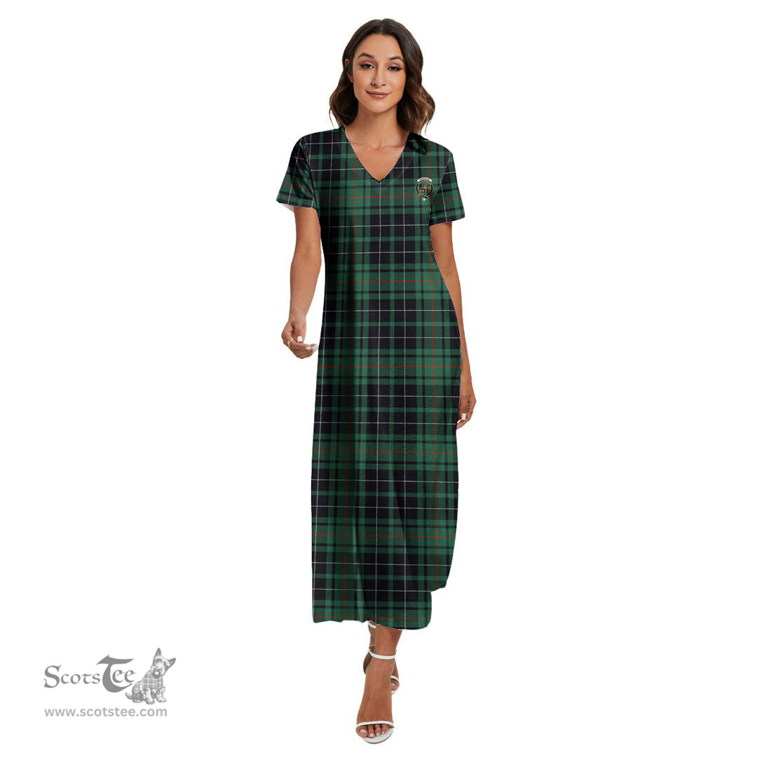 ScotsTee Shop Scottish MacAulay Hunting Ancient Clan Crest Tartan Womens Fitted V-neck Side Slit Maxi Dress