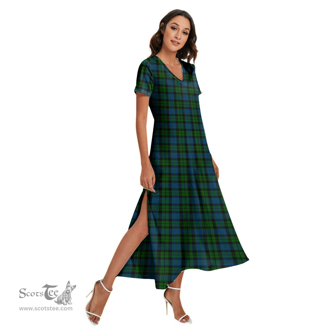 ScotsTee Shop Scottish MacKay Modern Clan Tartan Womens Fitted V-neck Side Slit Maxi Dress