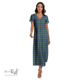 ScotsTee Shop Scottish MacPhail Hunting Ancient Clan Tartan Womens Fitted V-neck Side Slit Maxi Dress