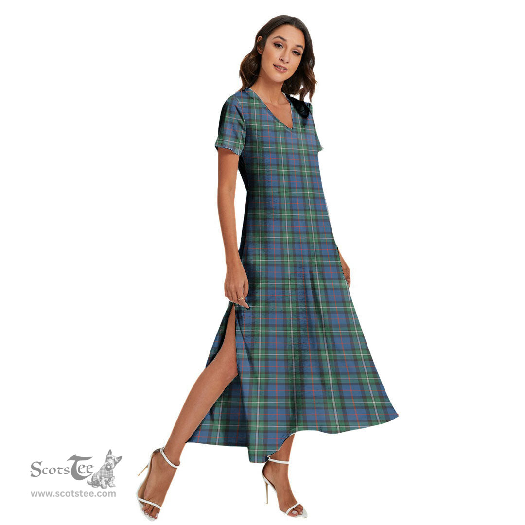 ScotsTee Shop Scottish MacPhail Hunting Ancient Clan Tartan Womens Fitted V-neck Side Slit Maxi Dress