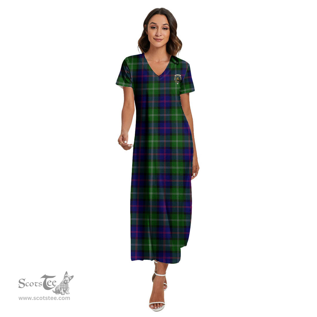ScotsTee Shop Scottish MacThomas Modern Clan Crest Tartan Womens Fitted V-neck Side Slit Maxi Dress