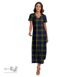 ScotsTee Shop Scottish More Muir Clan Tartan Womens Fitted V-neck Side Slit Maxi Dress