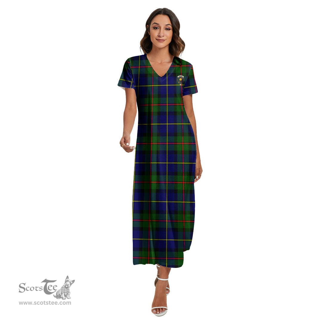 ScotsTee Shop Scottish MacLeod of Harris Modern Clan Crest Tartan Womens Fitted V-neck Side Slit Maxi Dress