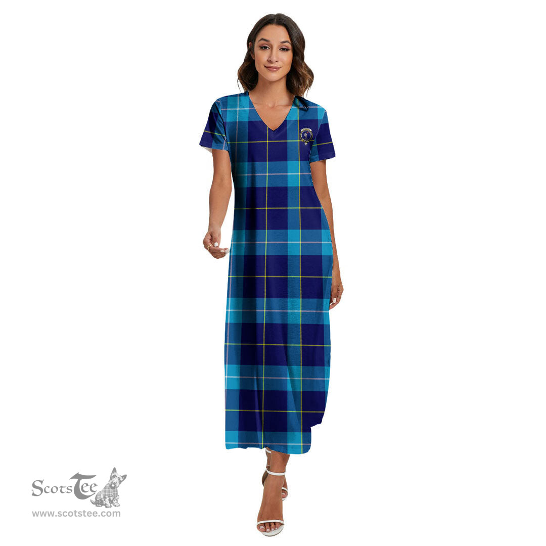 ScotsTee Shop Scottish McKerrell Clan Crest Tartan Womens Fitted V-neck Side Slit Maxi Dress