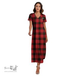 ScotsTee Shop Scottish MacQueen Modern Clan Crest Tartan Womens Fitted V-neck Side Slit Maxi Dress