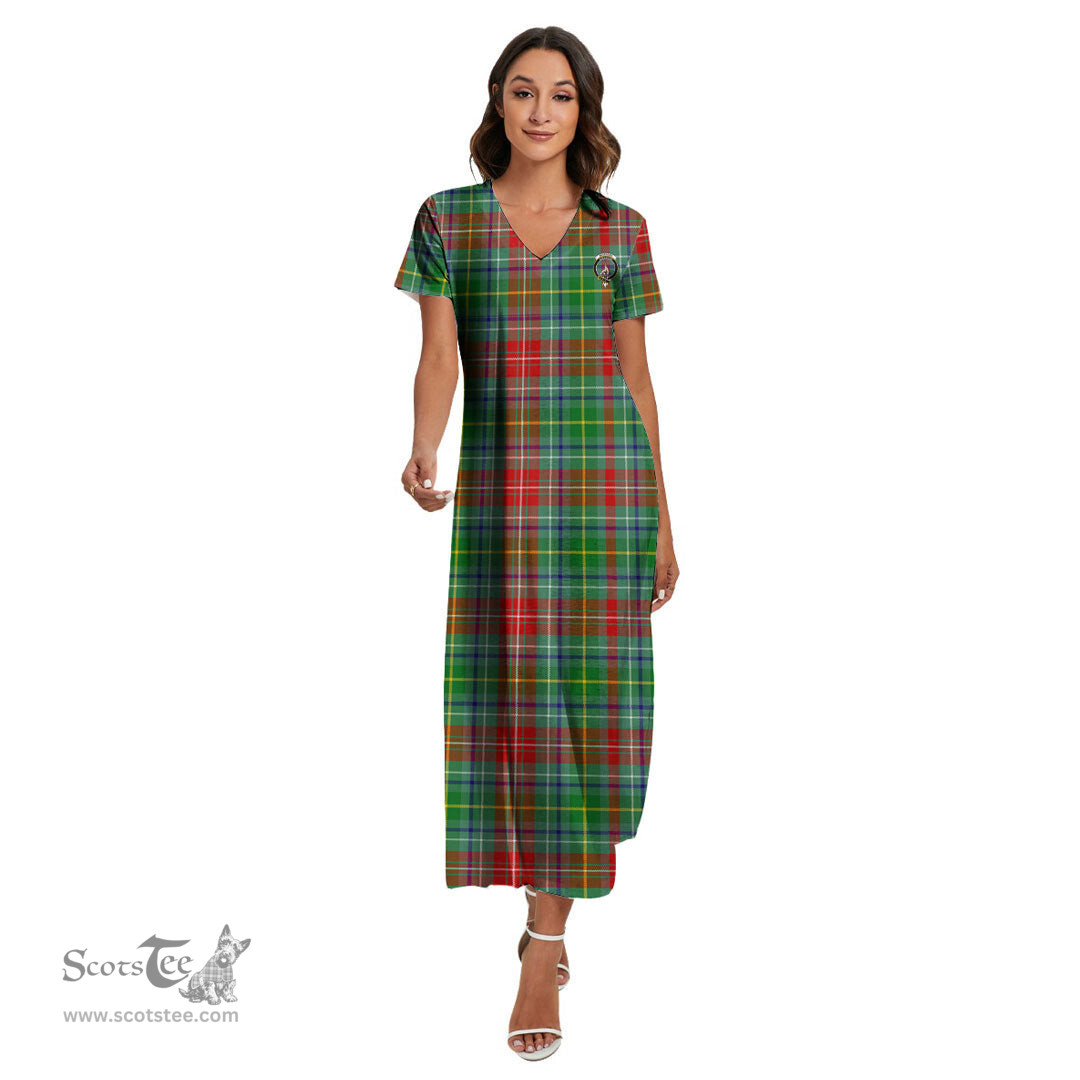 ScotsTee Shop Scottish Muirhead Clan Crest Tartan Womens Fitted V-neck Side Slit Maxi Dress