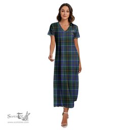ScotsTee Shop Scottish MacInnes Modern Clan Crest Tartan Womens Fitted V-neck Side Slit Maxi Dress