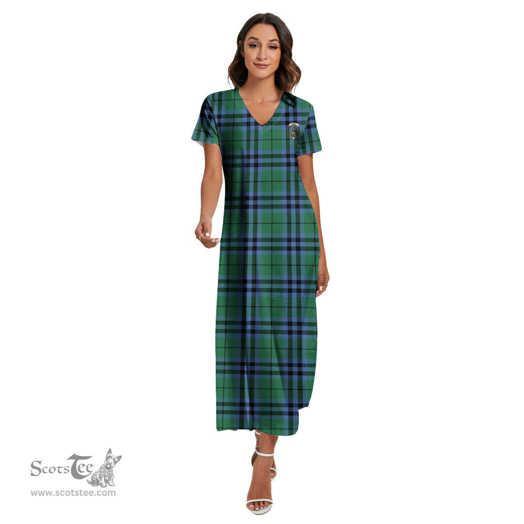 ScotsTee Shop Scottish Keith Ancient Clan Crest Tartan Womens Fitted V-neck Side Slit Maxi Dress