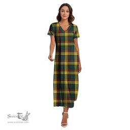 ScotsTee Shop Scottish MacMillan Old Modern Clan Tartan Womens Fitted V-neck Side Slit Maxi Dress