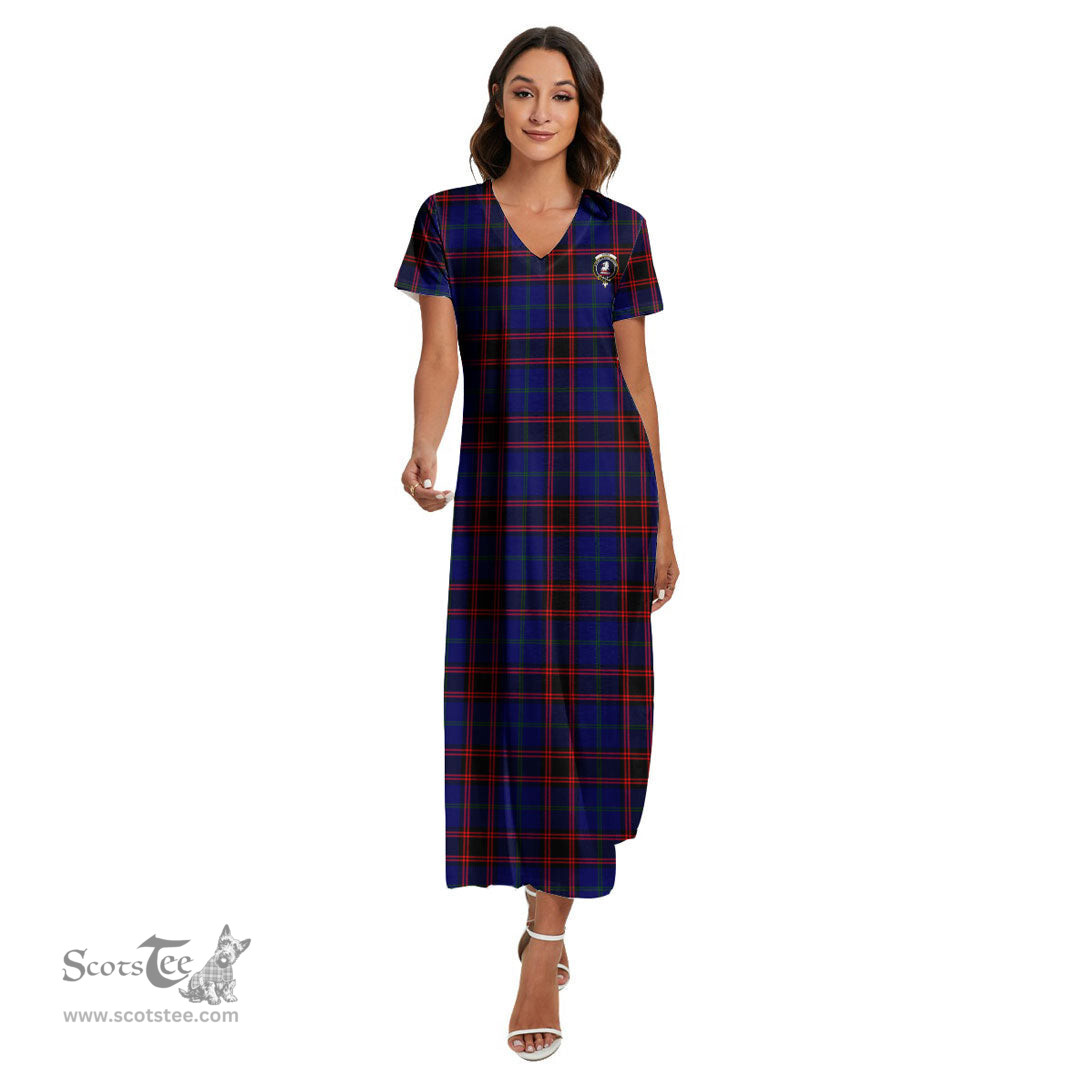 ScotsTee Shop Scottish Home Modern Clan Crest Tartan Womens Fitted V-neck Side Slit Maxi Dress