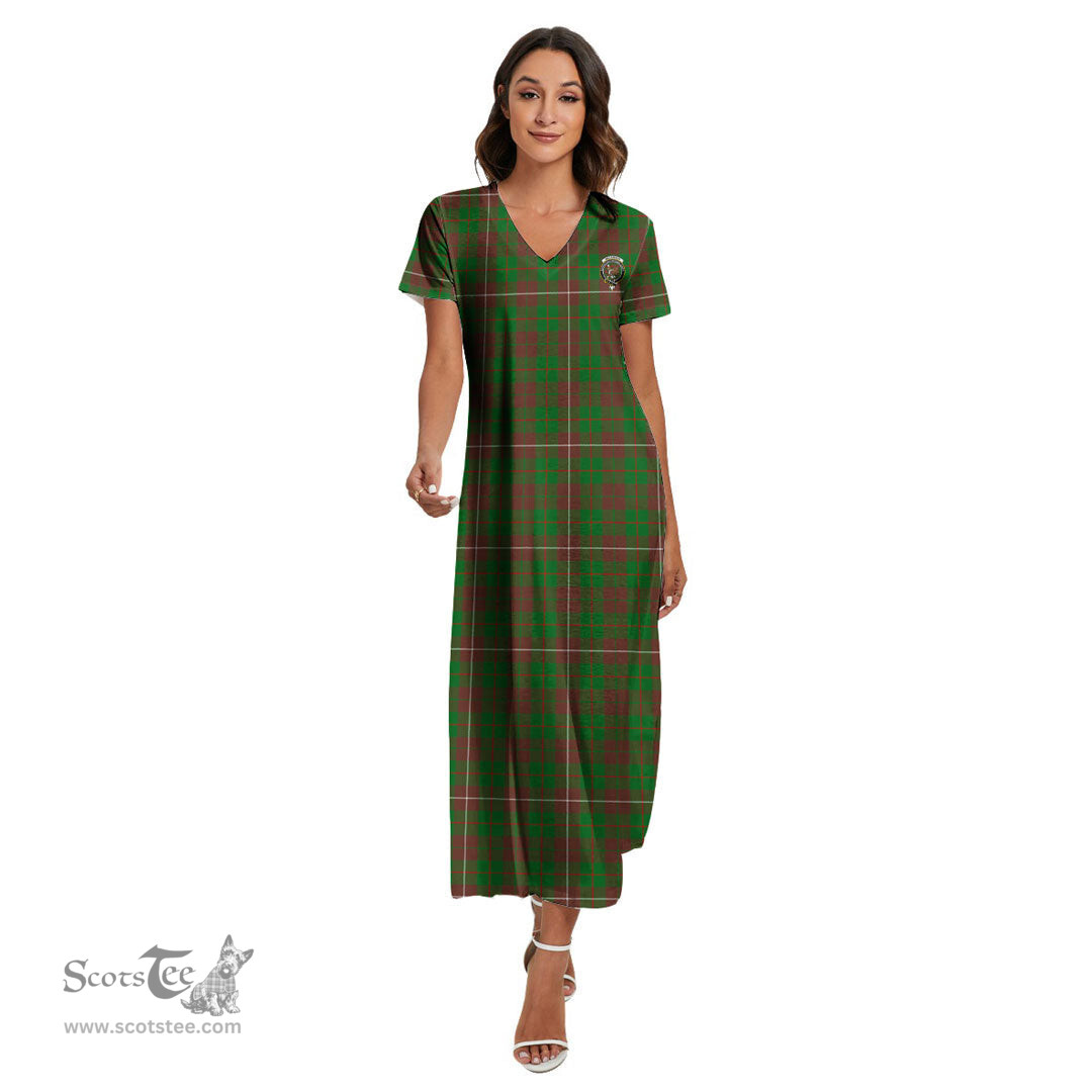 ScotsTee Shop Scottish MacKinnon Hunting Modern Clan Crest Tartan Womens Fitted V-neck Side Slit Maxi Dress