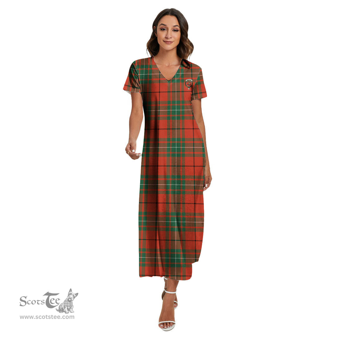ScotsTee Shop Scottish MacAulay Ancient Clan Crest Tartan Womens Fitted V-neck Side Slit Maxi Dress