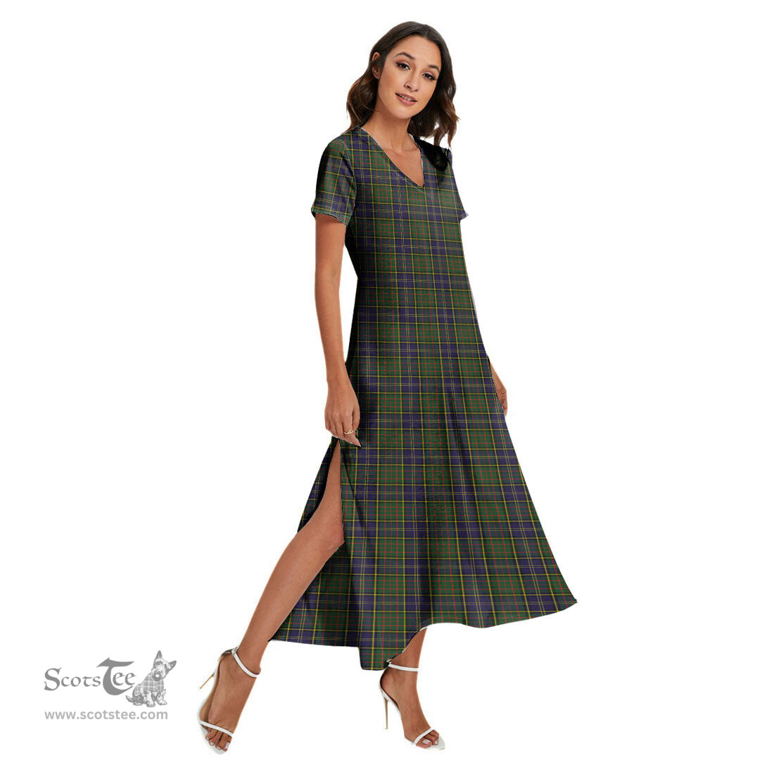 ScotsTee Shop Scottish MacMillan Hunting Modern Clan Tartan Womens Fitted V-neck Side Slit Maxi Dress