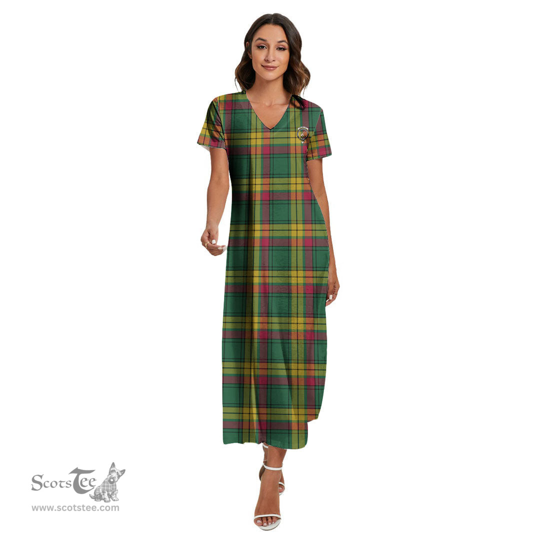 ScotsTee Shop Scottish MacMillan Old Ancient Clan Crest Tartan Womens Fitted V-neck Side Slit Maxi Dress