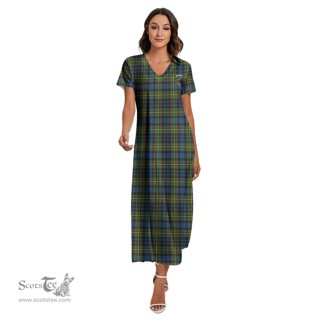 ScotsTee Shop Scottish MacLellan Ancient Clan Crest Tartan Womens Fitted V-neck Side Slit Maxi Dress