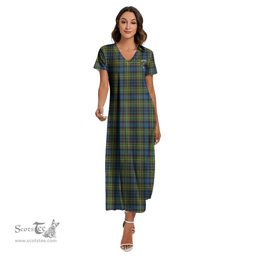 ScotsTee Shop Scottish MacLellan Ancient Clan Crest Tartan Womens Fitted V-neck Side Slit Maxi Dress