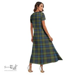 ScotsTee Shop Scottish MacLellan Ancient Clan Tartan Womens Fitted V-neck Side Slit Maxi Dress