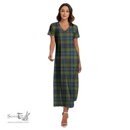 ScotsTee Shop Scottish MacLellan Ancient Clan Tartan Womens Fitted V-neck Side Slit Maxi Dress