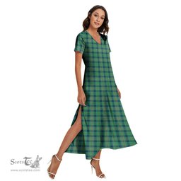 ScotsTee Shop Scottish Kennedy Ancient Clan Tartan Womens Fitted V-neck Side Slit Maxi Dress
