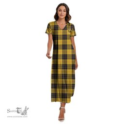 ScotsTee Shop Scottish MacLeod of Lewis Ancient Clan Crest Tartan Womens Fitted V-neck Side Slit Maxi Dress