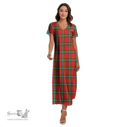 ScotsTee Shop Scottish MacLaine of Loch Buie Clan Crest Tartan Womens Fitted V-neck Side Slit Maxi Dress
