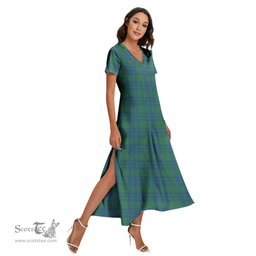 ScotsTee Shop Scottish Montgomery Ancient Clan Tartan Womens Fitted V-neck Side Slit Maxi Dress