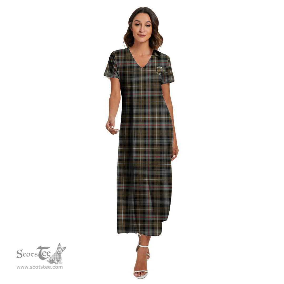 ScotsTee Shop Scottish MacKenzie Weathered Clan Crest Tartan Womens Fitted V-neck Side Slit Maxi Dress