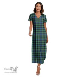 ScotsTee Shop Scottish Mouat Clan Tartan Womens Fitted V-neck Side Slit Maxi Dress