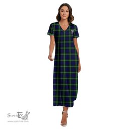 ScotsTee Shop Scottish Lamont Modern Clan Crest Tartan Womens Fitted V-neck Side Slit Maxi Dress