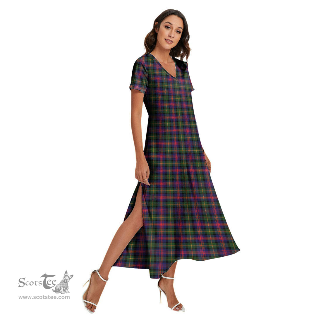 ScotsTee Shop Scottish Logan Modern Clan Tartan Womens Fitted V-neck Side Slit Maxi Dress