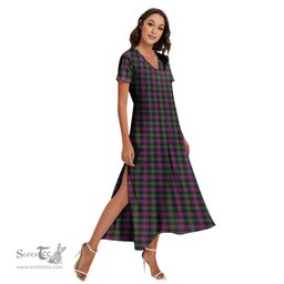 ScotsTee Shop Scottish Logan Modern Clan Tartan Womens Fitted V-neck Side Slit Maxi Dress