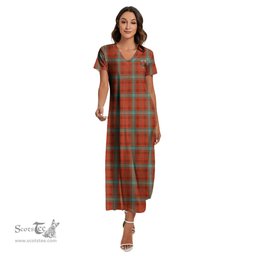 ScotsTee Shop Scottish Morrison Red Ancient Clan Crest Tartan Womens Fitted V-neck Side Slit Maxi Dress