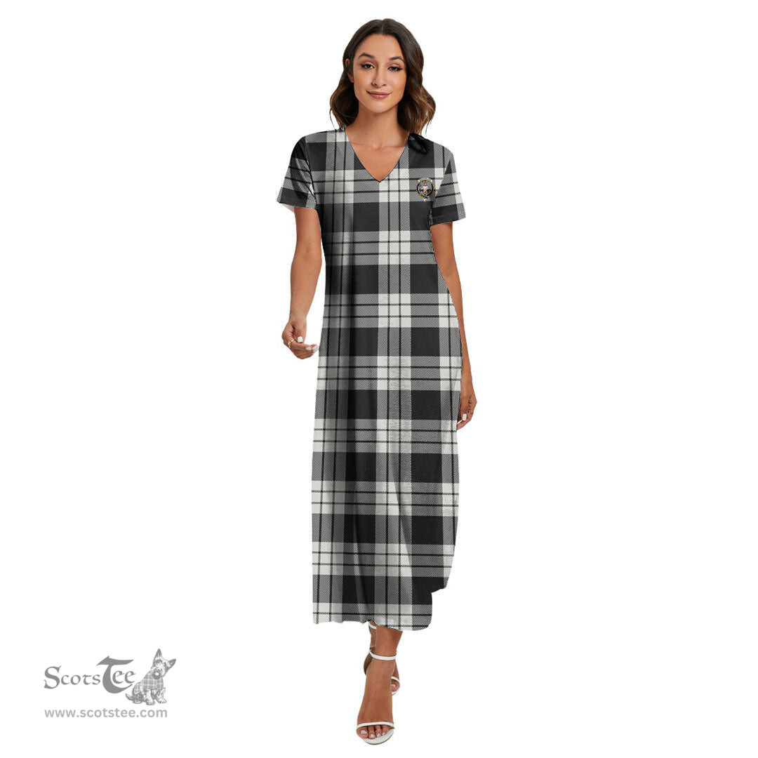 ScotsTee Shop Scottish MacFarlane Black White Ancient Clan Crest Tartan Womens Fitted V-neck Side Slit Maxi Dress